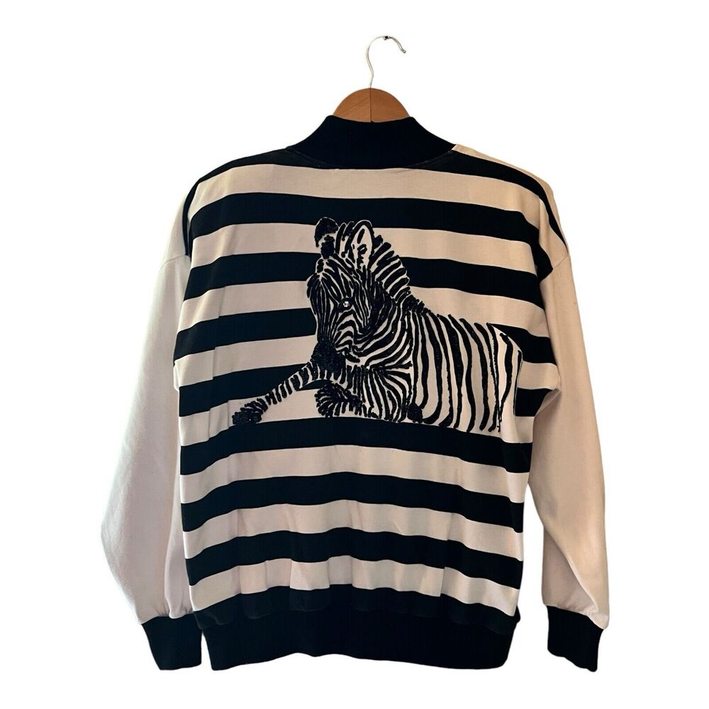 VTG 80s Full Zip‎ Beaded Zebra Sweatshirt Jacket MOLTO FINO Designer Striped M/L